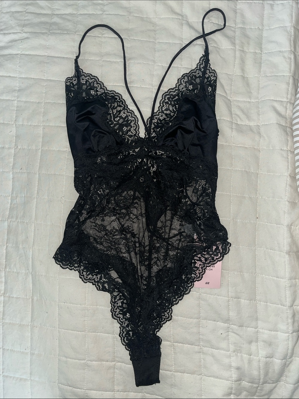 H&M Black Lace Plunge Lace-Front Bodysuit